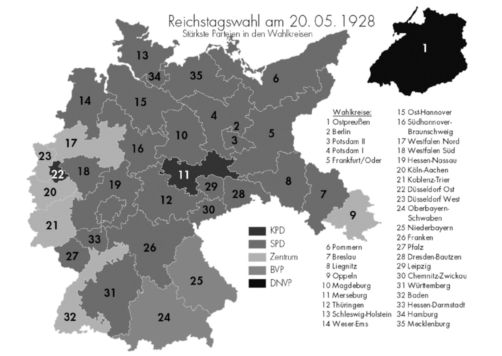 1928 Reichstag election results by district, color-coded by winning party