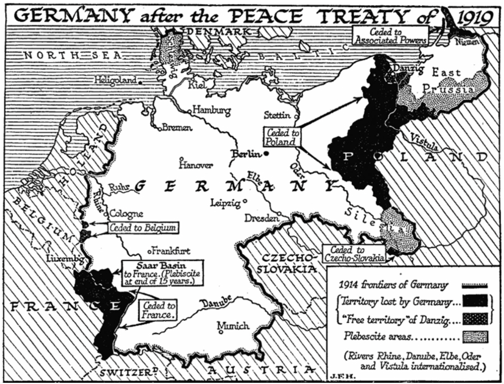 Map showing German territorial losses under the Treaty of Versailles